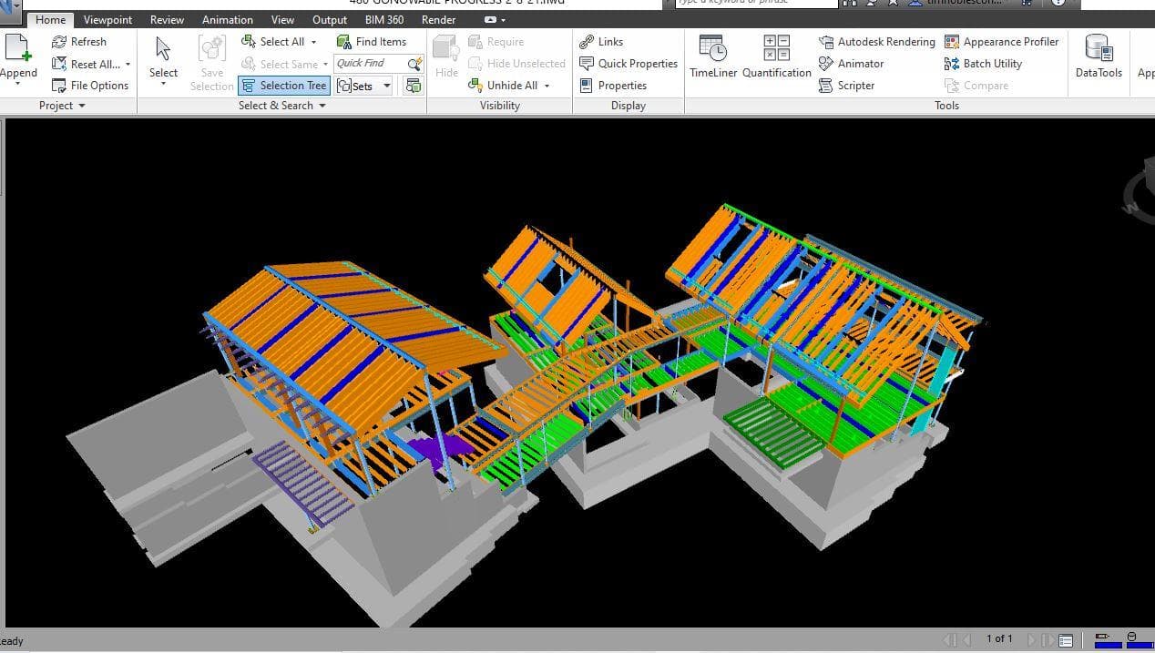3D BIM model showing color-coded structural components in Navisworks